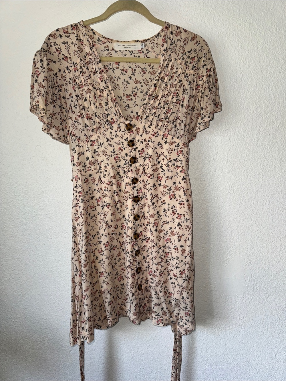 Floral Button-Front Mini Dress in Light Beige
